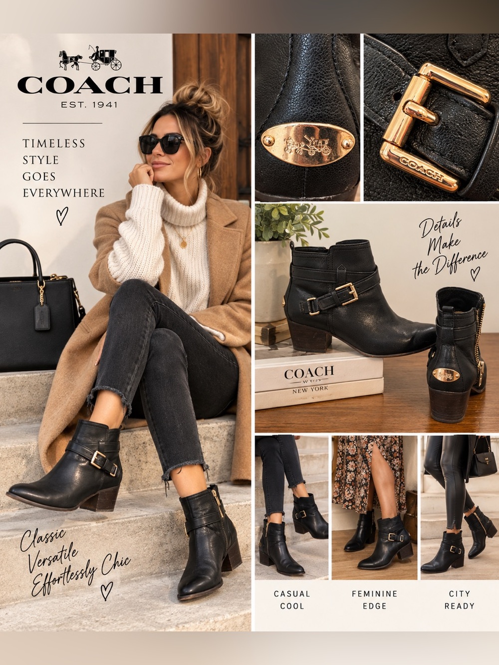 COACH Black Leather Ankle Booties with Gold-Tone Buckle